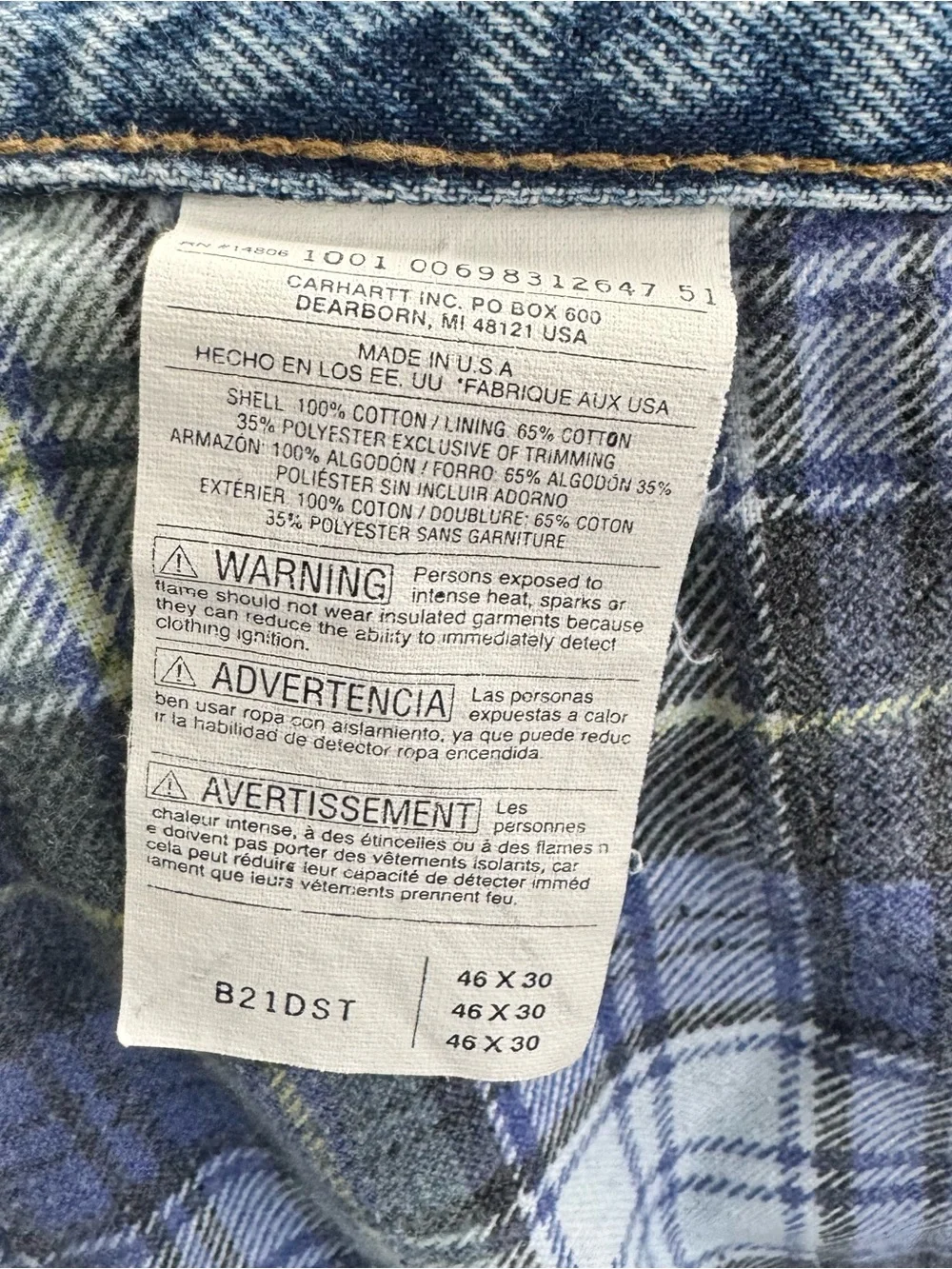 Vintage Carhartt Flannel Lined Jeans Mens 46x30* (Fits 44x28) B21DST Made In USA